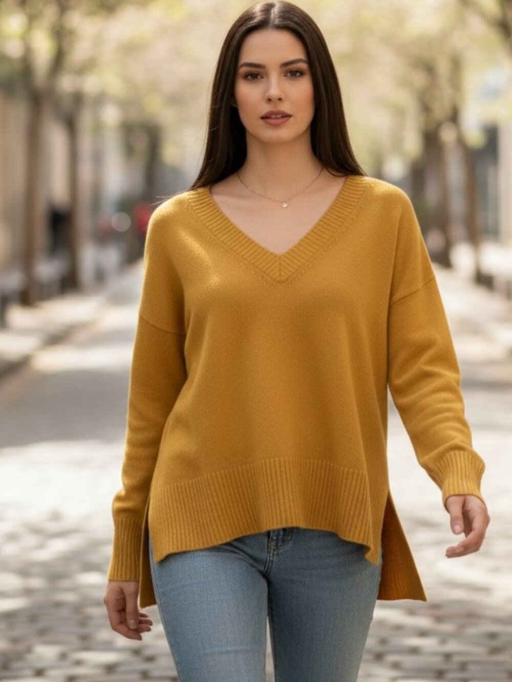 OGD 100% Cashmere V-Neck Sweater Women's Small Yellow Long Sleeve High Low Hem